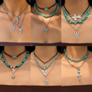 Vintage Bohemian Multi Layer Necklace Alloy Imitation Turquoise Cactus Bull Skull Pendants Western Style Jewelry For Women
