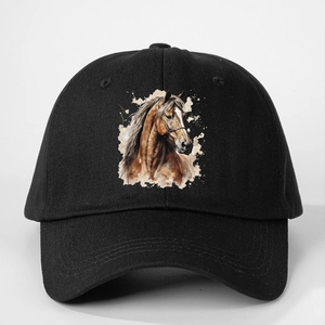 Detailed close-up of a black baseball cap featuring a watercolor horse head art print