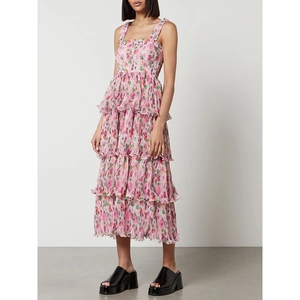 Pink Floral Tiered Ruffle Midi Dress Polyester Smocked Bodice Sleeveless French Style Summer Sun Dress For Women