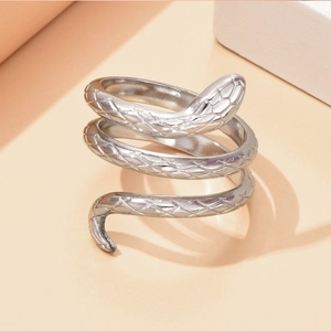 Punk style silver snake ring with textured scales and spiral wrap design for unisex wear