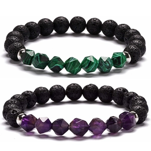 Bracciali in pietra lavica e cristallo con malachite verde e ametista viola sfaccettata