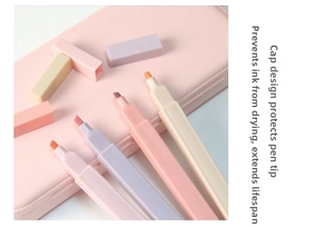 Close-up of square-barrel pastel highlighters in four soft aesthetic macaron colors