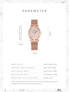 Detailed specs of rose gold quartz watch with 32mm dial and magnetic Milanese strap