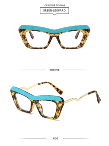 Macro view of geometric TR90 glasses with blue-leopard frame and wavy gold temples