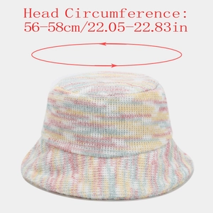 Close-up of rainbow woven bucket hat detailing head circumference size 56-58cm
