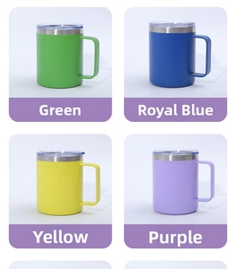Grid view of 12oz stainless steel mugs in green, royal blue, yellow, and purple colors