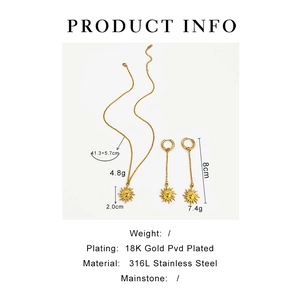 Detail of 18K gold plated stainless steel sun necklace and earrings set with dimensions