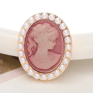Vintage cameo pink portrait charm with white pearl border for DIY jewelry making