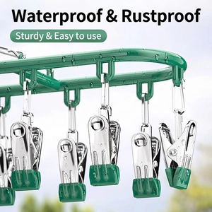 Green stainless steel multi-clip sock hanger with windproof hooks and anti-rust coating