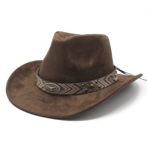 Western Cowboy Hat Suede Fabric Bull Head Metal Buckle Woven Band Ethnic Retro Wide Brim Fedora For Men Women