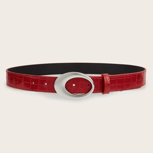Vintage Y2K red crocodile embossed leather belt with silver oval buckle for women