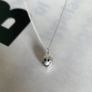 Minimalist 925 sterling silver smiley face necklace with matte silver ball pendant