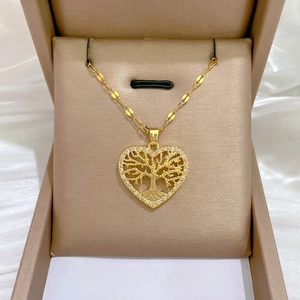 Heart Pendant Necklace Stainless Steel Chain And Brass Tree Of Life Hollow Zirconia Inlay Elegant Luxury Gift For Women