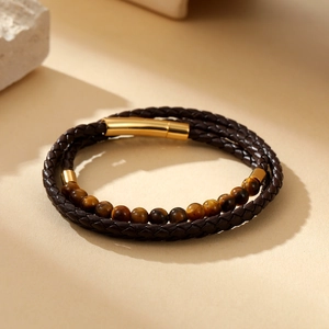 Double-layer men's bracelet with brown braided leather, tiger eye beads, and gold clasp