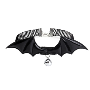 Gothic black lace bat wing choker with silver bell for Halloween party costumes