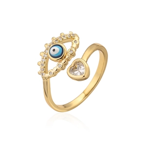 Gold adjustable evil eye ring with blue enamel bead and heart-shaped zircon stone