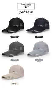Detail display of breathable mesh baseball caps in black, blue, grey, and beige colors