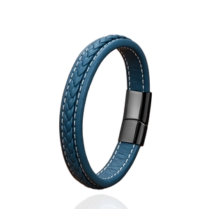 Braided blue leather bracelet for men and women with black magnetic stainless steel clasp