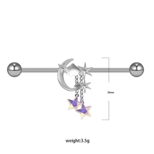 Detailed view of silver industrial barbell featuring moon and purple star charms, 30mm height