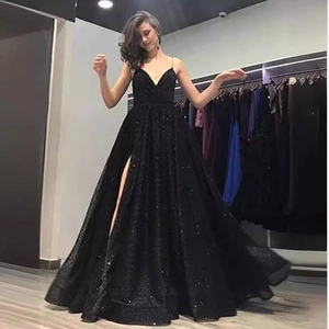 Elegant black sequin evening gown with V-neck, spaghetti straps and high side slit
