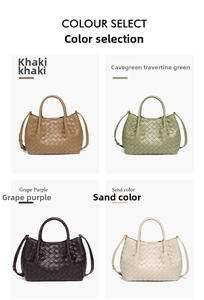 Detail view of woven leather mini bucket bags in khaki green purple and sand colors