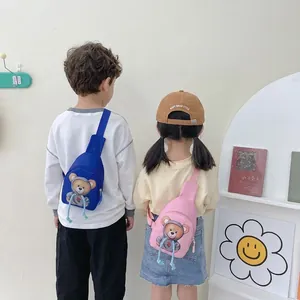 Cute cartoon bear kids crossbody chest bag in blue and pink durable canvas fabric
