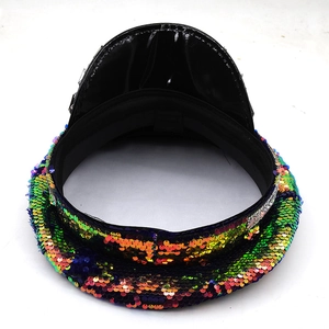Macro detail of multicolored sequins on the flat top and black brim of this party hat