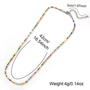 Rainbow colored seed bead necklace with adjustable metal chain length and lobster clasp