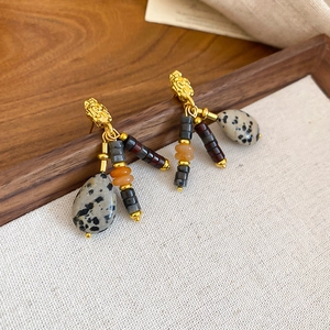 Ethnic vintage silver needle earrings with natural jasper stone and orange beaded pendants