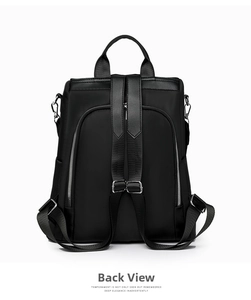 Back view of high-density nylon anti-theft backpack with reinforced straps and leather trim