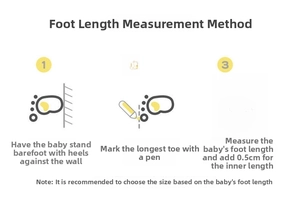 Detailed size guide showing how to measure a baby's foot length for correct sock sizing