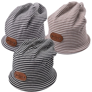 Striped knit slouchy beanie hats with leather patch in grey, brown and black colors