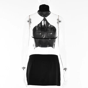 Rear view of black halter backless top and mini skirt set on a professional mannequin
