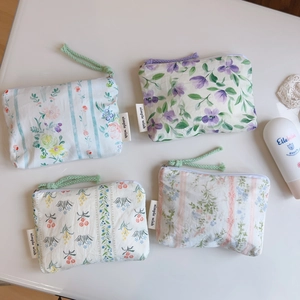 Cotton Floral Mini Pouch Portable Canvas Zipper Coin Purse Sanitary Napkin Storage Bag Fresh Style