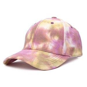 Tie-dye baseball cap for women with pink, yellow and purple patterns in a 45-degree view