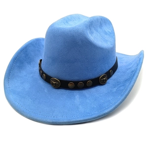 Sky blue suede cowboy hat detail featuring black leather band and retro bull head badge