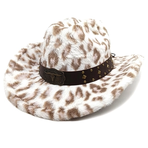 Faux fur leopard print cowboy hat with studded leather band and vintage bull buckle