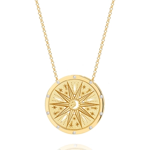 Gold stainless steel tarot sun moon pendant necklace with 18K plating and white crystals