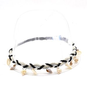 Detail of woven bohemian hat band with metallic threads and natural seashell pendants