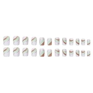 Short wave press-on nails in light green and coffee tones with silver line accents