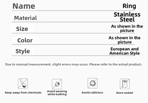 Specifications table of stainless steel ring showing material details and care instructions