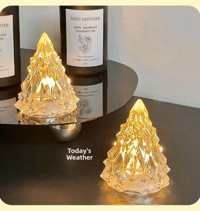 Macro detail of crystal Christmas tree night light with warm LED faceted refraction