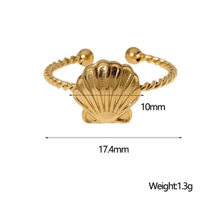 Detailed view of 18K gold shell ring with dimensions 10mm and 1.3g weight specs