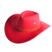 Detail of red cowboy hat with woven cord band and silver metal ventilation eyelets