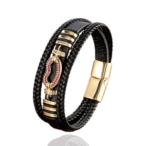 Handmade multilayer black braided leather bracelet for men with golden horseshoe zircon clasp