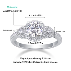 1 carat D color lab diamond S925 silver ring with dimensions and material details