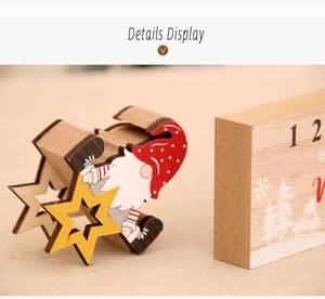 Detail display of wooden Christmas gnome with red polka dot hat and yellow star decor