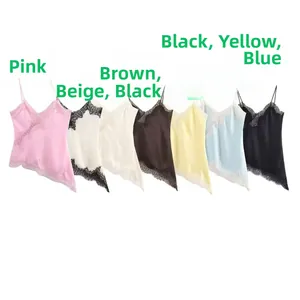 Detailed flat lay of V-neck lace camisole tops in multiple colors and textures