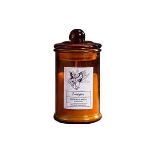Eucalyptus scented candle in amber glass jar with lid on white background