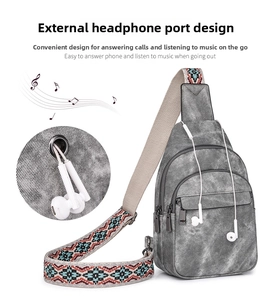 Detail of grey crossbody bag with headphone port and patterned woven strap on white background